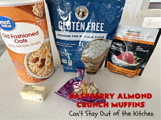 Raspberry Almond Crunch Muffins | Can't Stay Out of the Kitchen | These #SugarFree, #GlutenFree #muffins are filled with #raspberries, #almonds & include a delightful #streusel topping with #oatmeal. Marvelous for a weekend or #holiday #breakfast or #brunch & wonderful for your #Celiac or #Diabetic friends or family. Can also make with regular flour & sugar. #RaspberryAlmondCrunchMuffins #RaspberryMuffins #BreakfastMuffins #SugarFreeMuffins #GlutenFreeMuffins