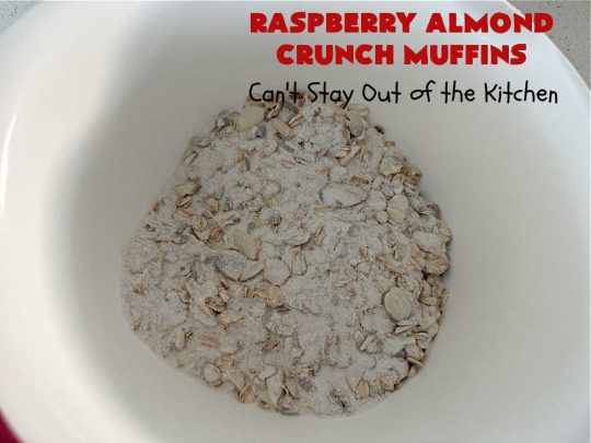 Raspberry Almond Crunch Muffins | Can't Stay Out of the Kitchen | These #SugarFree, #GlutenFree #muffins are filled with #raspberries, #almonds & include a delightful #streusel topping with #oatmeal. Marvelous for a weekend or #holiday #breakfast or #brunch & wonderful for your #Celiac or #Diabetic friends or family. Can also make with regular flour & sugar. #RaspberryAlmondCrunchMuffins #RaspberryMuffins #BreakfastMuffins #SugarFreeMuffins #GlutenFreeMuffins
