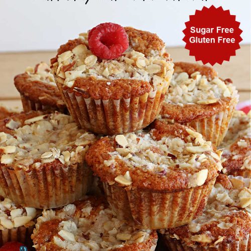 Raspberry Almond Crunch Muffins | Can't Stay Out of the Kitchen | These #SugarFree, #GlutenFree #muffins are filled with #raspberries, #almonds & include a delightful #streusel topping with #oatmeal. Marvelous for a weekend or #holiday #breakfast or #brunch & wonderful for your #Celiac or #Diabetic friends or family. Can also make with regular flour & sugar. #RaspberryAlmondCrunchMuffins #RaspberryMuffins #BreakfastMuffins #SugarFreeMuffins #GlutenFreeMuffins