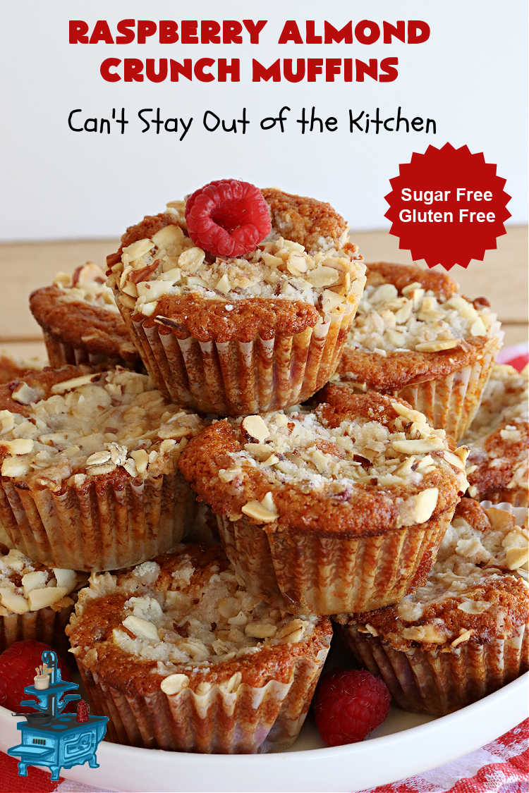 Raspberry Almond Crunch Muffins | Can't Stay Out of the Kitchen | These #SugarFree, #GlutenFree #muffins are filled with #raspberries, #almonds & include a delightful #streusel topping with #oatmeal. Marvelous for a weekend or #holiday #breakfast or #brunch & wonderful for your #Celiac or #Diabetic friends or family. Can also make with regular flour & sugar. #RaspberryAlmondCrunchMuffins #RaspberryMuffins #BreakfastMuffins #SugarFreeMuffins #GlutenFreeMuffins