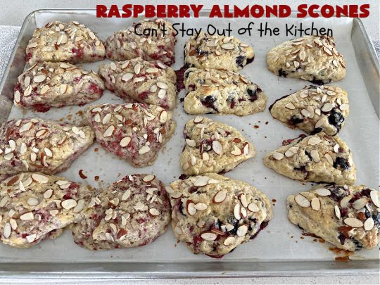 Raspberry Almond Scones | Can't Stay Out of the Kitchen | these delicious #scones are a perfect idea for a company or #holiday #breakfast, like #Thanksgiving or #Christmas. They're filled with fresh #raspberries, sliced #almonds & include #AlmondExtract in the batter as well as the icing. Every bite will rock your world! If you enjoy a sweet treat with your morning coffee, you'll love these! #RaspberryAlmondScones