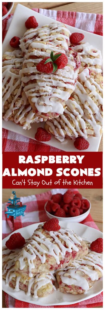 Raspberry Almond Scones | Can't Stay Out of the Kitchen | these delicious #scones are a perfect idea for a company or #holiday #breakfast, like #Thanksgiving or #Christmas. They're filled with fresh #raspberries, sliced #almonds & include #AlmondExtract in the batter as well as the icing. Every bite will rock your world! If you enjoy a sweet treat with your morning coffee, you'll love these! #RaspberryAlmondScones