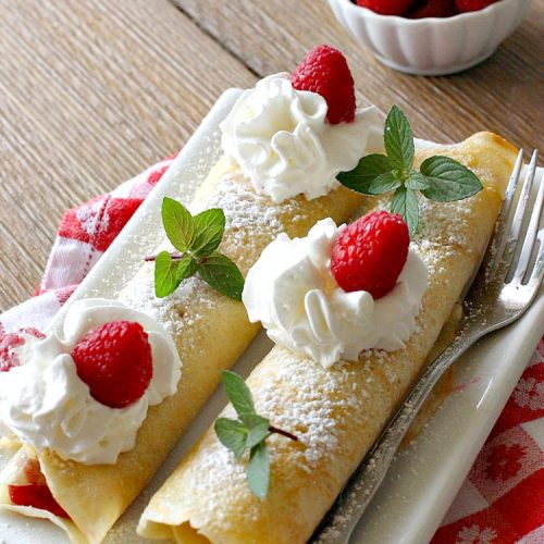 Raspberry Breakfast Crêpes | Can't Stay Out of the Kitchen | these fantastic #breakfast #crêpes are ooey, gooey, rich, decadent & divine! Every bite will have you drooling. Perfect for a #holiday breakfast. #raspberries #BreakfastCrêpes #RaspberryBreakfastCrêpes #HolidayBreakfast
