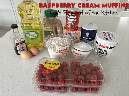 Raspberry Cream Muffins | Can't Stay Out of the Kitchen | these delectable #muffins are moist from using #SourCream in the batter. #Raspberries make them utterly delightful. Marvelous for a weekend, company or #holiday #breakfast. #HolidayBreakfast #RaspberryCreamMuffins