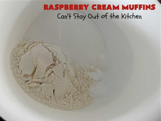 Raspberry Cream Muffins | Can't Stay Out of the Kitchen | these delectable #muffins are moist from using #SourCream in the batter. #Raspberries make them utterly delightful. Marvelous for a weekend, company or #holiday #breakfast. #HolidayBreakfast #RaspberryCreamMuffins
