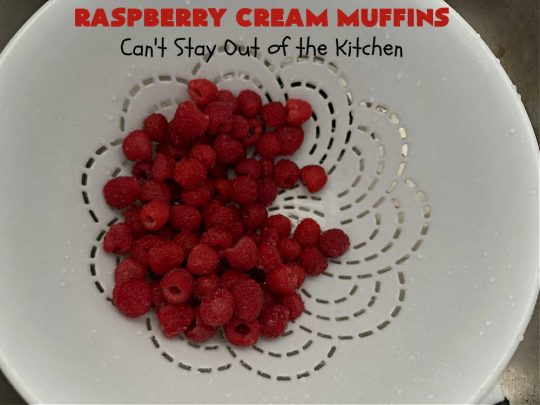 Raspberry Cream Muffins | Can't Stay Out of the Kitchen | these delectable #muffins are moist from using #SourCream in the batter. #Raspberries make them utterly delightful. Marvelous for a weekend, company or #holiday #breakfast. #HolidayBreakfast #RaspberryCreamMuffins