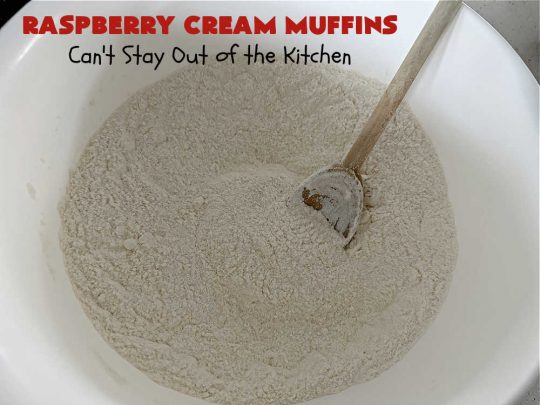 Raspberry Cream Muffins | Can't Stay Out of the Kitchen | these delectable #muffins are moist from using #SourCream in the batter. #Raspberries make them utterly delightful. Marvelous for a weekend, company or #holiday #breakfast. #HolidayBreakfast #RaspberryCreamMuffins