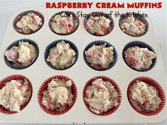 Raspberry Cream Muffins | Can't Stay Out of the Kitchen | these delectable #muffins are moist from using #SourCream in the batter. #Raspberries make them utterly delightful. Marvelous for a weekend, company or #holiday #breakfast. #HolidayBreakfast #RaspberryCreamMuffins