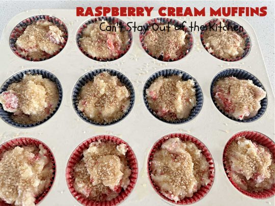 Raspberry Cream Muffins | Can't Stay Out of the Kitchen | these delectable #muffins are moist from using #SourCream in the batter. #Raspberries make them utterly delightful. Marvelous for a weekend, company or #holiday #breakfast. #HolidayBreakfast #RaspberryCreamMuffins