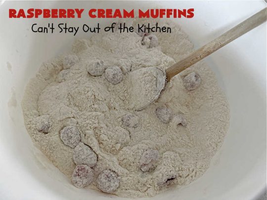 Raspberry Cream Muffins | Can't Stay Out of the Kitchen | these delectable #muffins are moist from using #SourCream in the batter. #Raspberries make them utterly delightful. Marvelous for a weekend, company or #holiday #breakfast. #HolidayBreakfast #RaspberryCreamMuffins