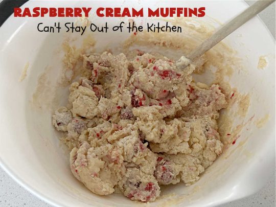 Raspberry Cream Muffins | Can't Stay Out of the Kitchen | these delectable #muffins are moist from using #SourCream in the batter. #Raspberries make them utterly delightful. Marvelous for a weekend, company or #holiday #breakfast. #HolidayBreakfast #RaspberryCreamMuffins