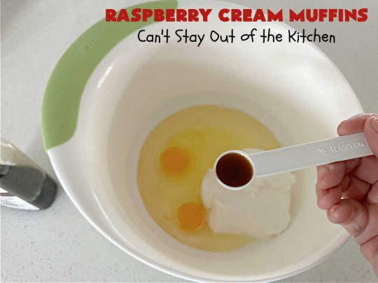 Raspberry Cream Muffins | Can't Stay Out of the Kitchen | these delectable #muffins are moist from using #SourCream in the batter. #Raspberries make them utterly delightful. Marvelous for a weekend, company or #holiday #breakfast. #HolidayBreakfast #RaspberryCreamMuffins