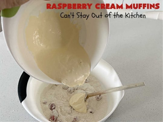 Raspberry Cream Muffins | Can't Stay Out of the Kitchen | these delectable #muffins are moist from using #SourCream in the batter. #Raspberries make them utterly delightful. Marvelous for a weekend, company or #holiday #breakfast. #HolidayBreakfast #RaspberryCreamMuffins