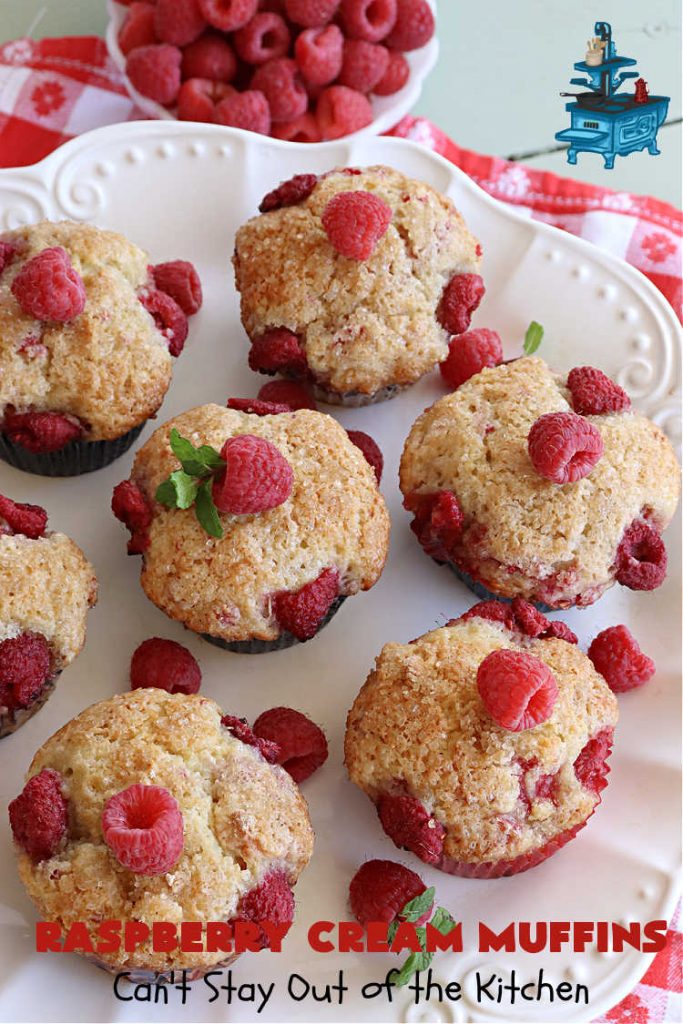 Raspberry Cream Muffins | Can't Stay Out of the Kitchen | these delectable #muffins are moist from using #SourCream in the batter. #Raspberries make them utterly delightful. Marvelous for a weekend, company or #holiday #breakfast. #HolidayBreakfast #RaspberryCreamMuffins
