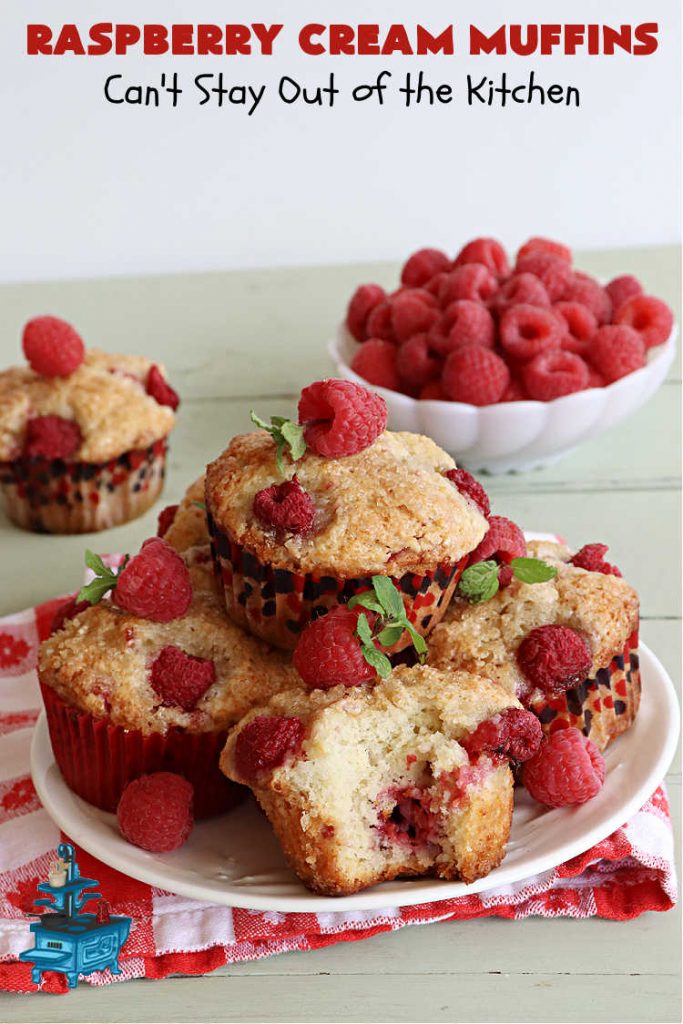 Raspberry Cream Muffins | Can't Stay Out of the Kitchen | these delectable #muffins are moist from using #SourCream in the batter. #Raspberries make them utterly delightful. Marvelous for a weekend, company or #holiday #breakfast. #HolidayBreakfast #RaspberryCreamMuffins