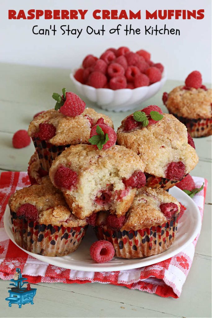 Raspberry Cream Muffins | Can't Stay Out of the Kitchen | these delectable #muffins are moist from using #SourCream in the batter. #Raspberries make them utterly delightful. Marvelous for a weekend, company or #holiday #breakfast. #HolidayBreakfast #RaspberryCreamMuffins
