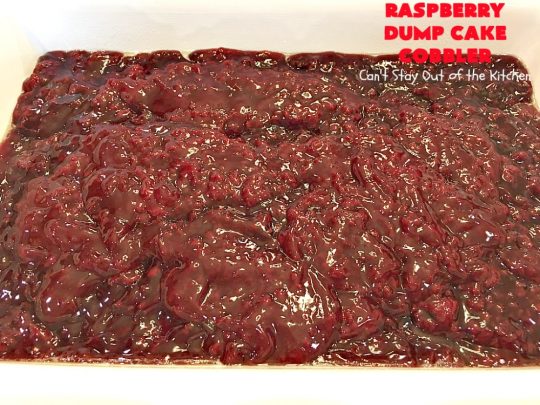 Raspberry Dump Cake Cobbler | Can't Stay Out of the Kitchen | this amazing #dumpcake uses #raspberry pie filling, #coconut & #almonds. It's the perfect treat for company, #holiday baking or potlucks. #dessert #cobbler