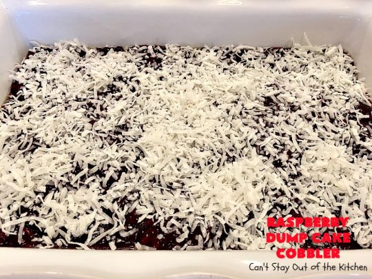 Raspberry Dump Cake Cobbler | Can't Stay Out of the Kitchen | this amazing #dumpcake uses #raspberry pie filling, #coconut & #almonds. It's the perfect treat for company, #holiday baking or potlucks. #dessert #cobbler