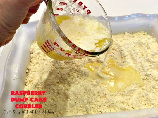 Raspberry Dump Cake Cobbler | Can't Stay Out of the Kitchen | this amazing #dumpcake uses #raspberry pie filling, #coconut & #almonds. It's the perfect treat for company, #holiday baking or potlucks. #dessert #cobbler