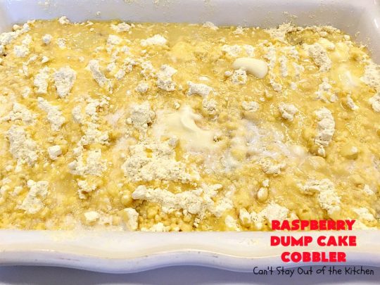 Raspberry Dump Cake Cobbler | Can't Stay Out of the Kitchen | this amazing #dumpcake uses #raspberry pie filling, #coconut & #almonds. It's the perfect treat for company, #holiday baking or potlucks. #dessert #cobbler