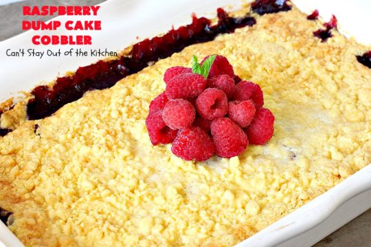 Raspberry Dump Cake Cobbler | Can't Stay Out of the Kitchen | this amazing #dumpcake uses #raspberry pie filling, #coconut & #almonds. It's the perfect treat for company, #holiday baking or potlucks. #dessert #cobbler