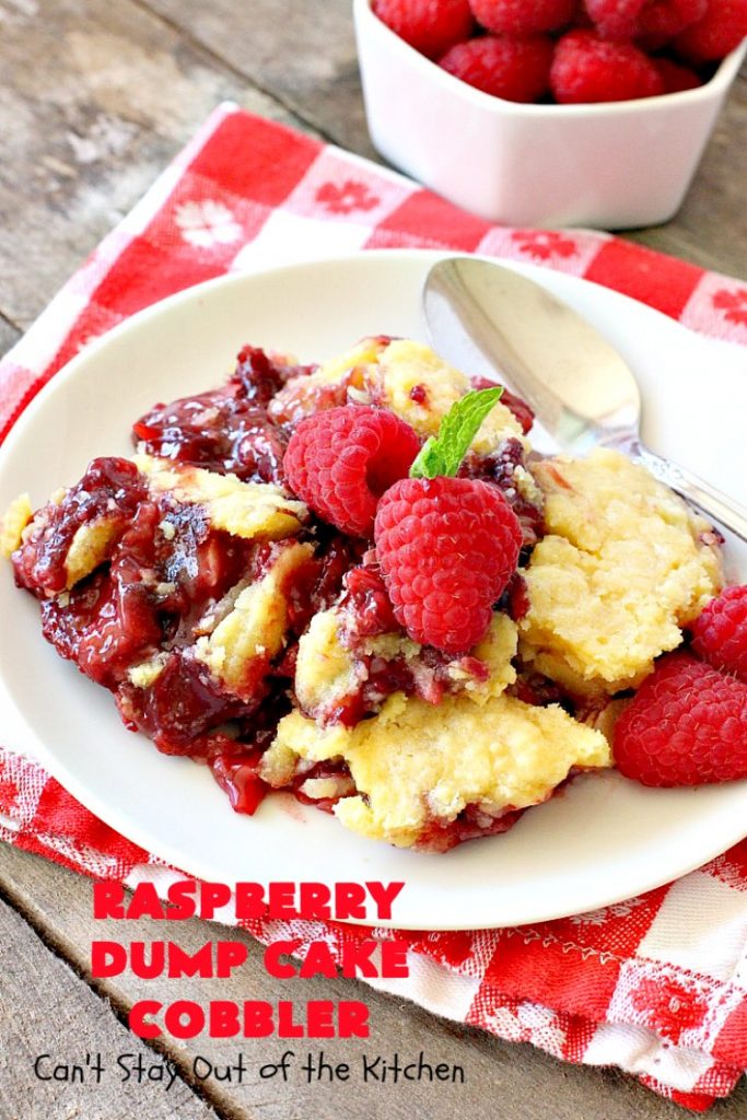 Raspberry Dump Cake Cobbler | Can't Stay Out of the Kitchen | this amazing #dumpcake uses #raspberry pie filling, #coconut & #almonds. It's the perfect treat for company, #holiday baking or potlucks. #dessert #cobbler