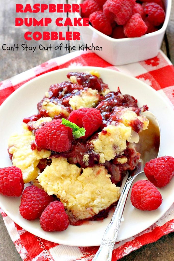 Raspberry Dump Cake Cobbler | Can't Stay Out of the Kitchen | this amazing #dumpcake uses #raspberry pie filling, #coconut & #almonds. It's the perfect treat for company, #holiday baking or potlucks. #dessert #cobbler
