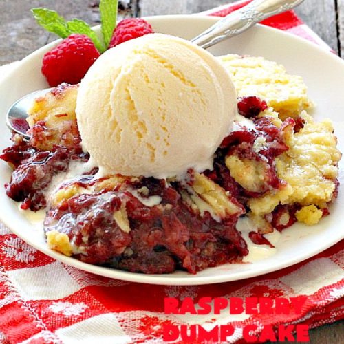 Raspberry Dump Cake Cobbler | Can't Stay Out of the Kitchen | this amazing #dumpcake uses #raspberry pie filling, #coconut & #almonds. It's the perfect treat for company, #holiday baking or potlucks. #dessert #cobbler