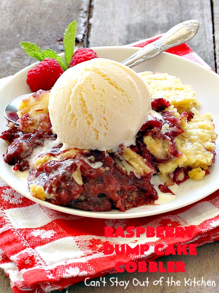 Raspberry Dump Cake Cobbler | Can't Stay Out of the Kitchen | this amazing #dumpcake uses #raspberry pie filling, #coconut & #almonds. It's the perfect treat for company, #holiday baking or potlucks. #dessert #cobbler