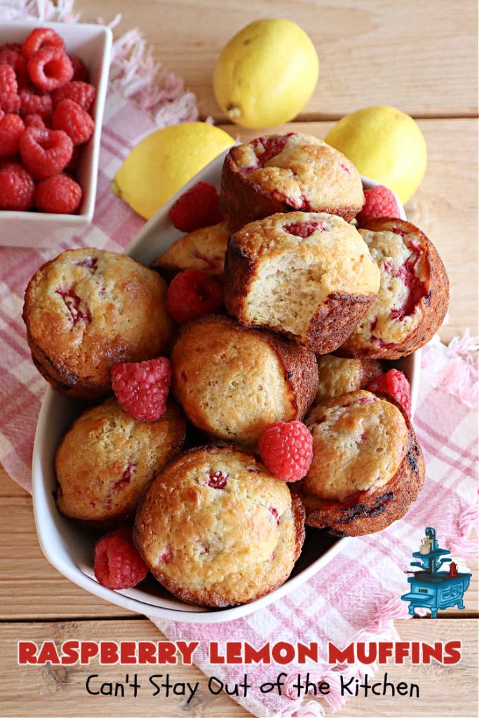 Raspberry Lemon Muffins | Can't Stay Out of the Kitchen | these luscious #muffins include #raspberries, #LemonYogurt & #LemonPeel & just burst with flavor. Every bite is satisfying & delectable. Great for a weekday or weekend #breakfast, or serve for company & a #holiday #brunch #menu. #RaspberryLemonMuffins