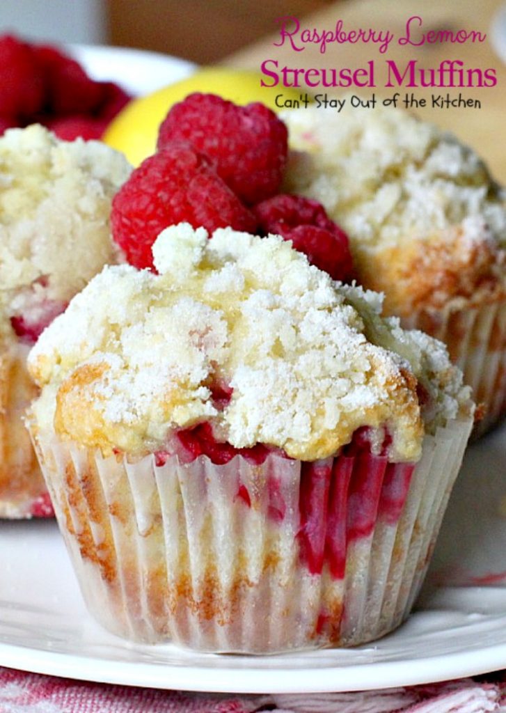 Raspberry Lemon Streusel Muffins | Can't Stay Out of the Kitchen | these delectable #muffins are a great #holiday favorite. Festive, beautiful and scrumptious! #raspberries #lemonyogurt #breakfast