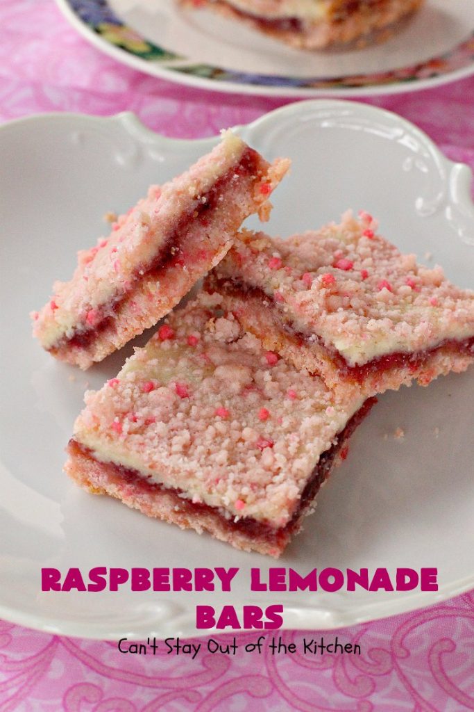 Raspberry Lemonade Bars | Can't Stay Out of the Kitchen | this heavenly 6-ingredient #recipe is perfect for #fall & #holiday #baking. It's especially good for #Christmas #cookie exchanges. It has a #raspberry preserves layer and a #cheesecake layer sandwiched between pink #lemonade cookie mix. So drool-worthy! #dessert #holidaydessert #Christmasdessert #raspberrydessert
