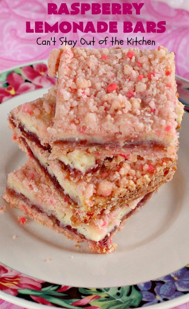 Raspberry Lemonade Bars | Can't Stay Out of the Kitchen | this heavenly 6-ingredient #recipe is perfect for #fall & #holiday #baking. It's especially good for #Christmas #cookie exchanges. It has a #raspberry preserves layer and a #cheesecake layer sandwiched between pink #lemonade cookie mix. So drool-worthy! #dessert #holidaydessert #Christmasdessert #raspberrydessert