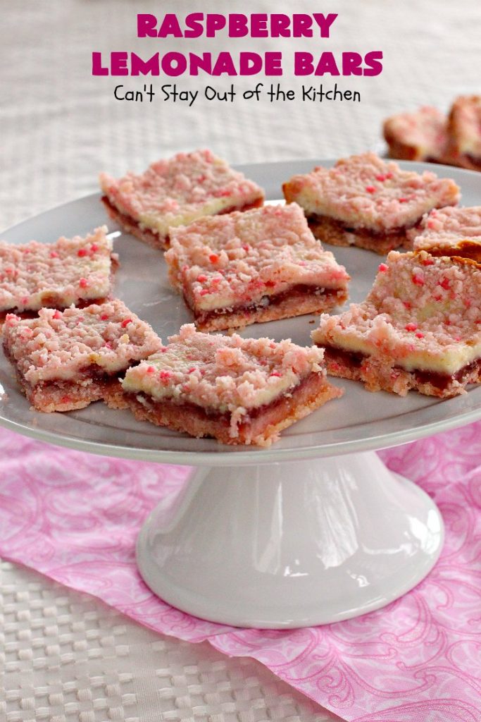 Raspberry Lemonade Bars | Can't Stay Out of the Kitchen | this heavenly 6-ingredient #recipe is perfect for #fall & #holiday #baking. It's especially good for #Christmas #cookie exchanges. It has a #raspberry preserves layer and a #cheesecake layer sandwiched between pink #lemonade cookie mix. So drool-worthy! #dessert #holidaydessert #Christmasdessert #raspberrydessert