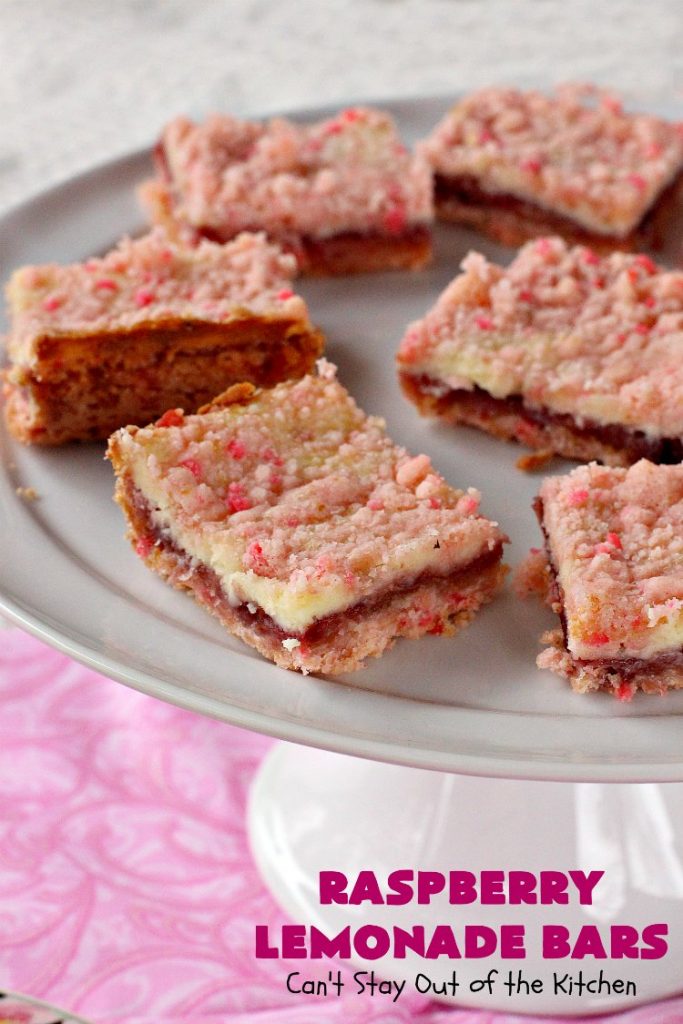 Raspberry Lemonade Bars | Can't Stay Out of the Kitchen | this heavenly 6-ingredient #recipe is perfect for #fall & #holiday #baking. It's especially good for #Christmas #cookie exchanges. It has a #raspberry preserves layer and a #cheesecake layer sandwiched between pink #lemonade cookie mix. So drool-worthy! #dessert #holidaydessert #Christmasdessert #raspberrydessert