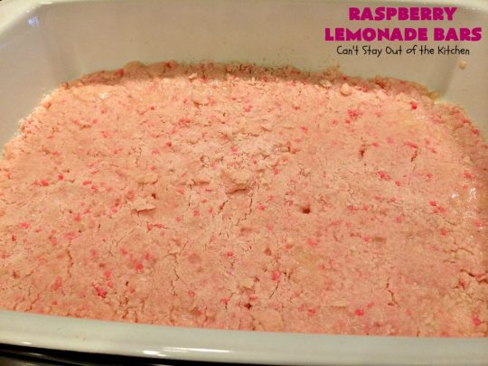 Raspberry Lemonade Bars | Can't Stay Out of the Kitchen | this heavenly 6-ingredient #recipe is perfect for #fall & #holiday #baking. It's especially good for #Christmas #cookie exchanges. It has a #raspberry preserves layer and a #cheesecake layer sandwiched between pink #lemonade cookie mix. So drool-worthy! #dessert #holidaydessert #Christmasdessert #raspberrydessert