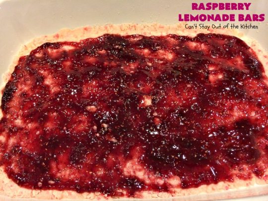 Raspberry Lemonade Bars | Can't Stay Out of the Kitchen | this heavenly 6-ingredient #recipe is perfect for #fall & #holiday #baking. It's especially good for #Christmas #cookie exchanges. It has a #raspberry preserves layer and a #cheesecake layer sandwiched between pink #lemonade cookie mix. So drool-worthy! #dessert #holidaydessert #Christmasdessert #raspberrydessert