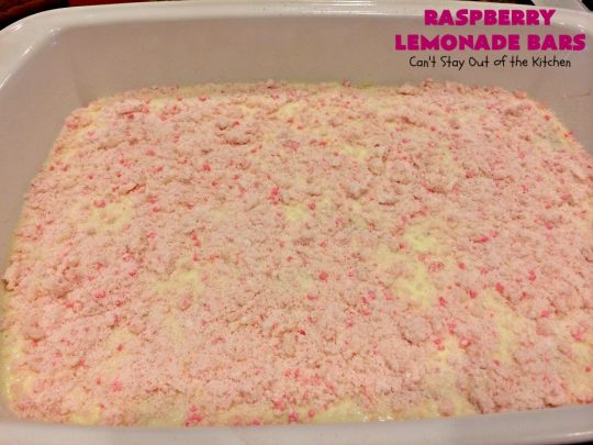 Raspberry Lemonade Bars | Can't Stay Out of the Kitchen | this heavenly 6-ingredient #recipe is perfect for #fall & #holiday #baking. It's especially good for #Christmas #cookie exchanges. It has a #raspberry preserves layer and a #cheesecake layer sandwiched between pink #lemonade cookie mix. So drool-worthy! #dessert #holidaydessert #Christmasdessert #raspberrydessert