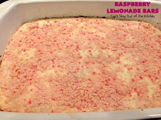 Raspberry Lemonade Bars | Can't Stay Out of the Kitchen | this heavenly 6-ingredient #recipe is perfect for #fall & #holiday #baking. It's especially good for #Christmas #cookie exchanges. It has a #raspberry preserves layer and a #cheesecake layer sandwiched between pink #lemonade cookie mix. So drool-worthy! #dessert #holidaydessert #Christmasdessert #raspberrydessert
