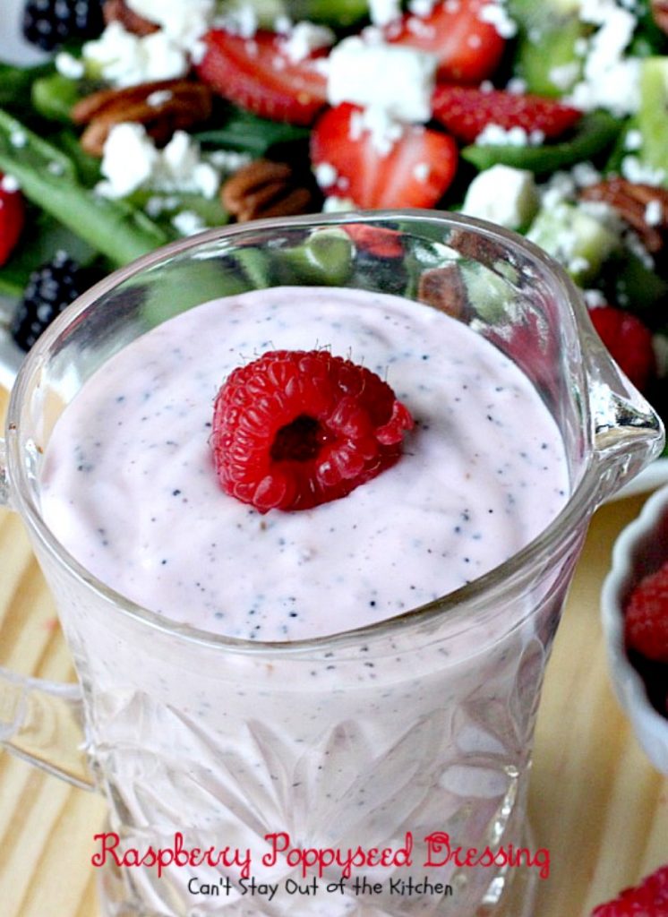 Raspberry Poppyseed Dressing | Can't Stay Out of the Kitchen | amazing #saladdressing with #Greekyogurt #raspberries #poppyseeds and made with honey and avocado oil! Healthy, #glutenfree & #cleaneating