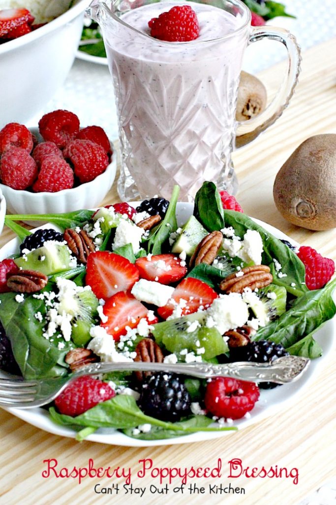 Raspberry Poppyseed Dressing | Can't Stay Out of the Kitchen | amazing #saladdressing with #Greekyogurt #raspberries #poppyseeds and made with honey and avocado oil! Healthy, #glutenfree & #cleaneating