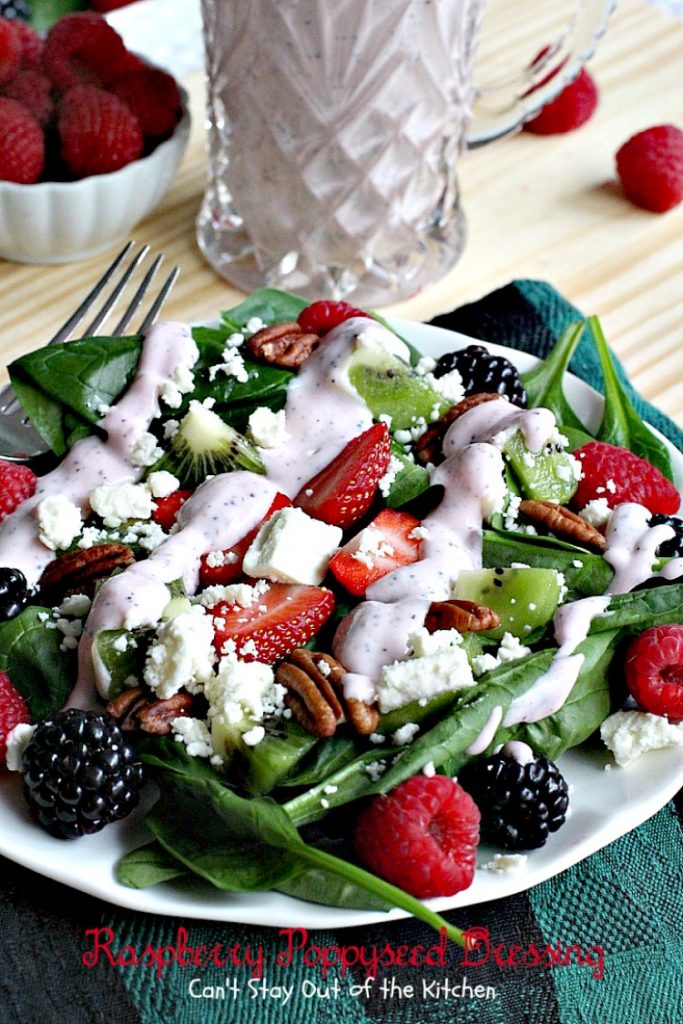 Raspberry Poppyseed Dressing | Can't Stay Out of the Kitchen | amazing #saladdressing with #Greekyogurt #raspberries #poppyseeds and made with honey and avocado oil! Healthy, #glutenfree & #cleaneating