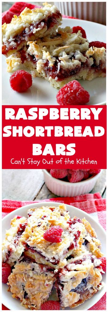 Raspberry Shortbread Bars | Can't Stay Out of the Kitchen | these #cookie type bars are absolutely divine! They have a shortbread crust, topped with #raspberry preserves & a #coconut topping. You'll be drooling over every bite! #dessert