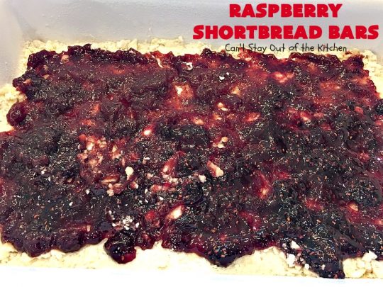 Raspberry Shortbread Bars | Can't Stay Out of the Kitchen | these #cookie type bars are absolutely divine! They have a shortbread crust, topped with #raspberry preserves & a #coconut topping. You'll be drooling over every bite! #dessert