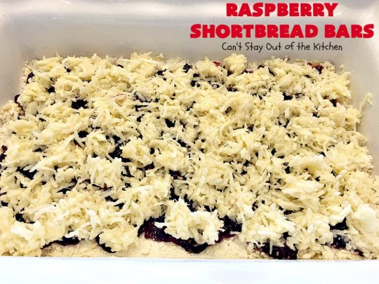 Raspberry Shortbread Bars | Can't Stay Out of the Kitchen | these #cookie type bars are absolutely divine! They have a shortbread crust, topped with #raspberry preserves & a #coconut topping. You'll be drooling over every bite! #dessert