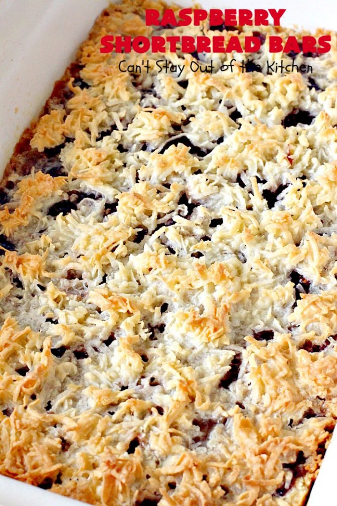 Raspberry Shortbread Bars | Can't Stay Out of the Kitchen | these #cookie type bars are absolutely divine! They have a shortbread crust, topped with #raspberry preserves & a #coconut topping. You'll be drooling over every bite! #dessert