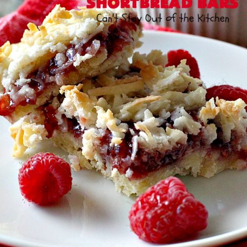 Raspberry Shortbread Bars | Can't Stay Out of the Kitchen | these #cookie type bars are absolutely divine! They have a shortbread crust, topped with #raspberry preserves & a #coconut topping. You'll be drooling over every bite! #dessert