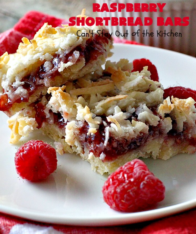 Raspberry Shortbread Bars | Can't Stay Out of the Kitchen | these #cookie type bars are absolutely divine! They have a shortbread crust, topped with #raspberry preserves & a #coconut topping. You'll be drooling over every bite! #dessert
