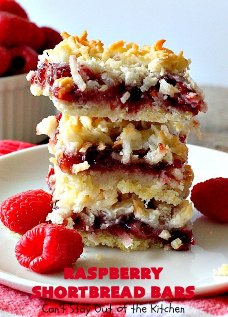 Raspberry Shortbread Bars | Can't Stay Out of the Kitchen | these #cookie type bars are absolutely divine! They have a shortbread crust, topped with #raspberry preserves & a #coconut topping. You'll be drooling over every bite! #dessert