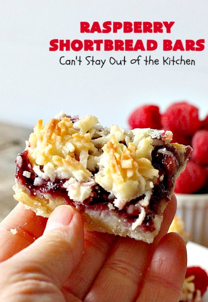 Raspberry Shortbread Bars | Can't Stay Out of the Kitchen | these #cookie type bars are absolutely divine! They have a shortbread crust, topped with #raspberry preserves & a #coconut topping. You'll be drooling over every bite! #dessert